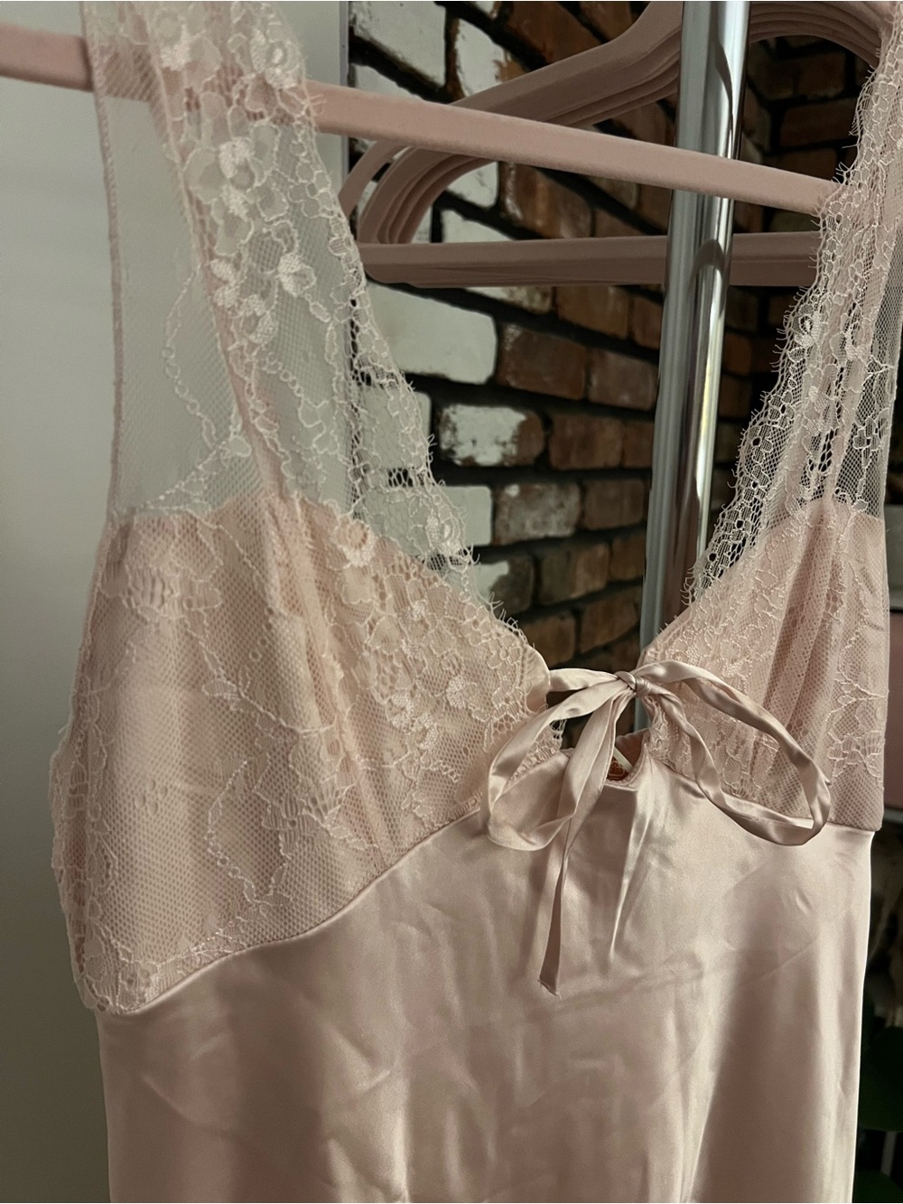 Lace-Trim Satin Slip Nightdress in Light Pink